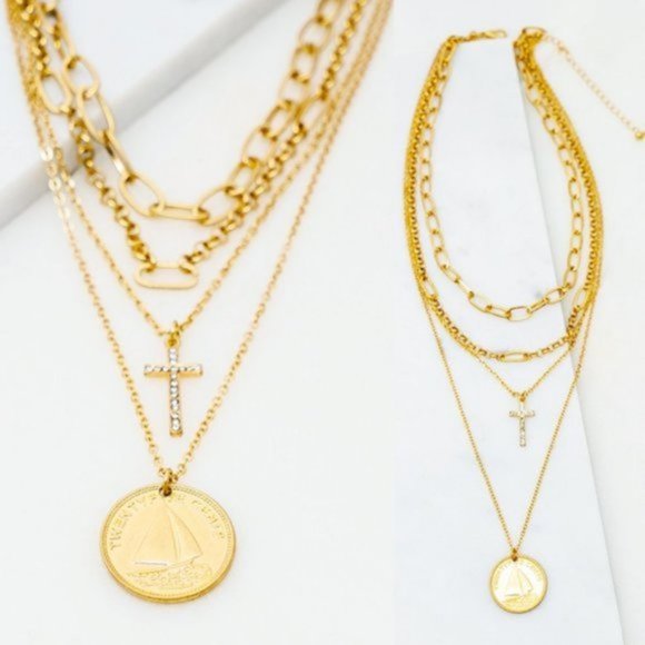 LA3accessories Jewelry - NEW 4 Layered Link Chain Sparkly Rhinestone Cross & Coin Pendant Gold Necklace